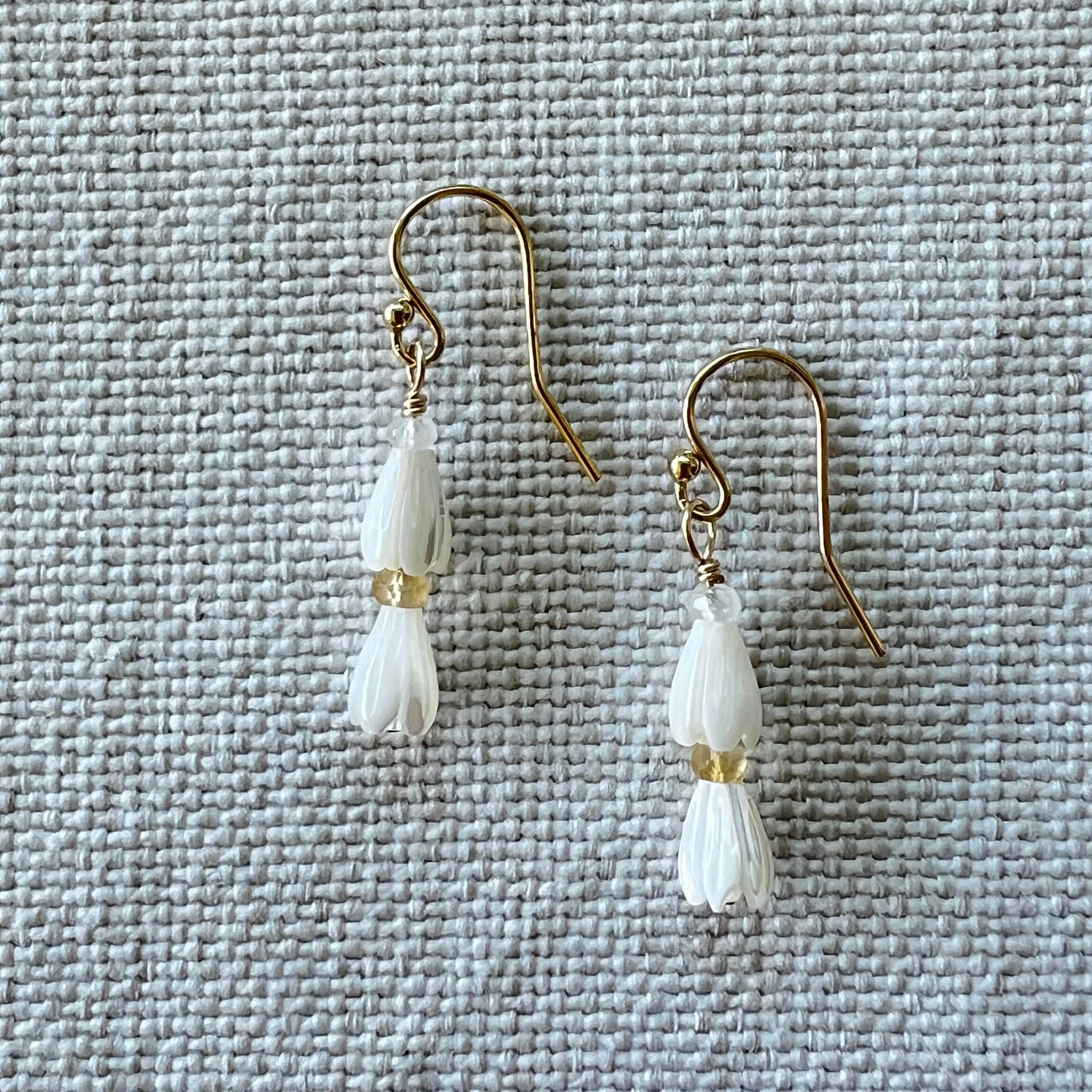 Pair of MOP Pikake drop earrings with moonstone and citrine accents
